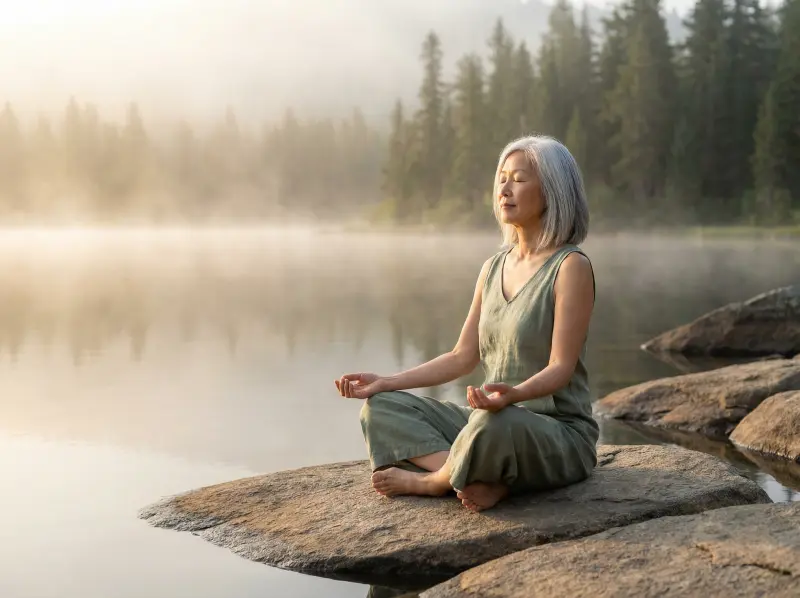 Mature woman meditating on a rock by a misty lake at sunrise