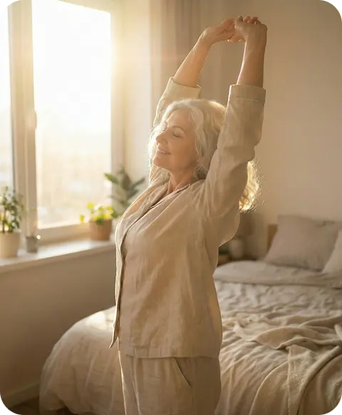 Older woman stretching comfortably in morning sunlight