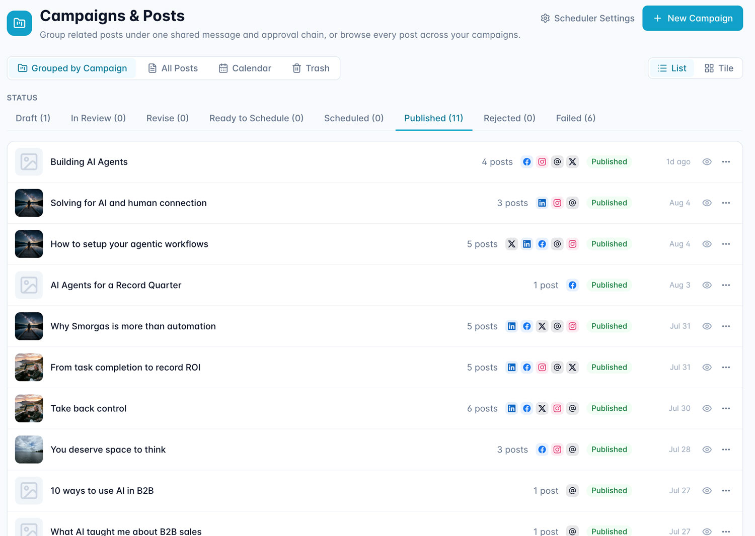 Campaigns & Posts screen showing posts grouped by campaign, filtered to Published status (11 items), with a list of campaigns like 'Building AI Agents' and 'Solving for AI and human connection' showing post counts, platform icons, and publish dates.
