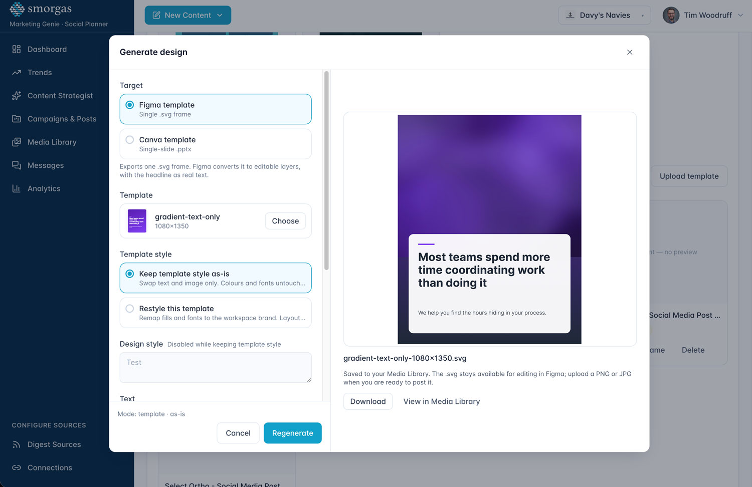 Generate Design modal with options to export as a Figma template or Canva template, a template selector showing 'gradient-text-only' at 1080x1350, template style controls, and a live preview of a purple gradient social graphic with the headline 'Most teams spend more time coordinating work than doing it.