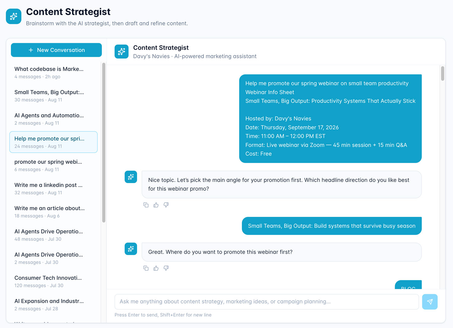 Content Strategist chat interface showing a conversation thread where the user requests help promoting a webinar, with the AI assistant asking clarifying questions about headline direction and promotion channels, alongside a sidebar list of past conversations.