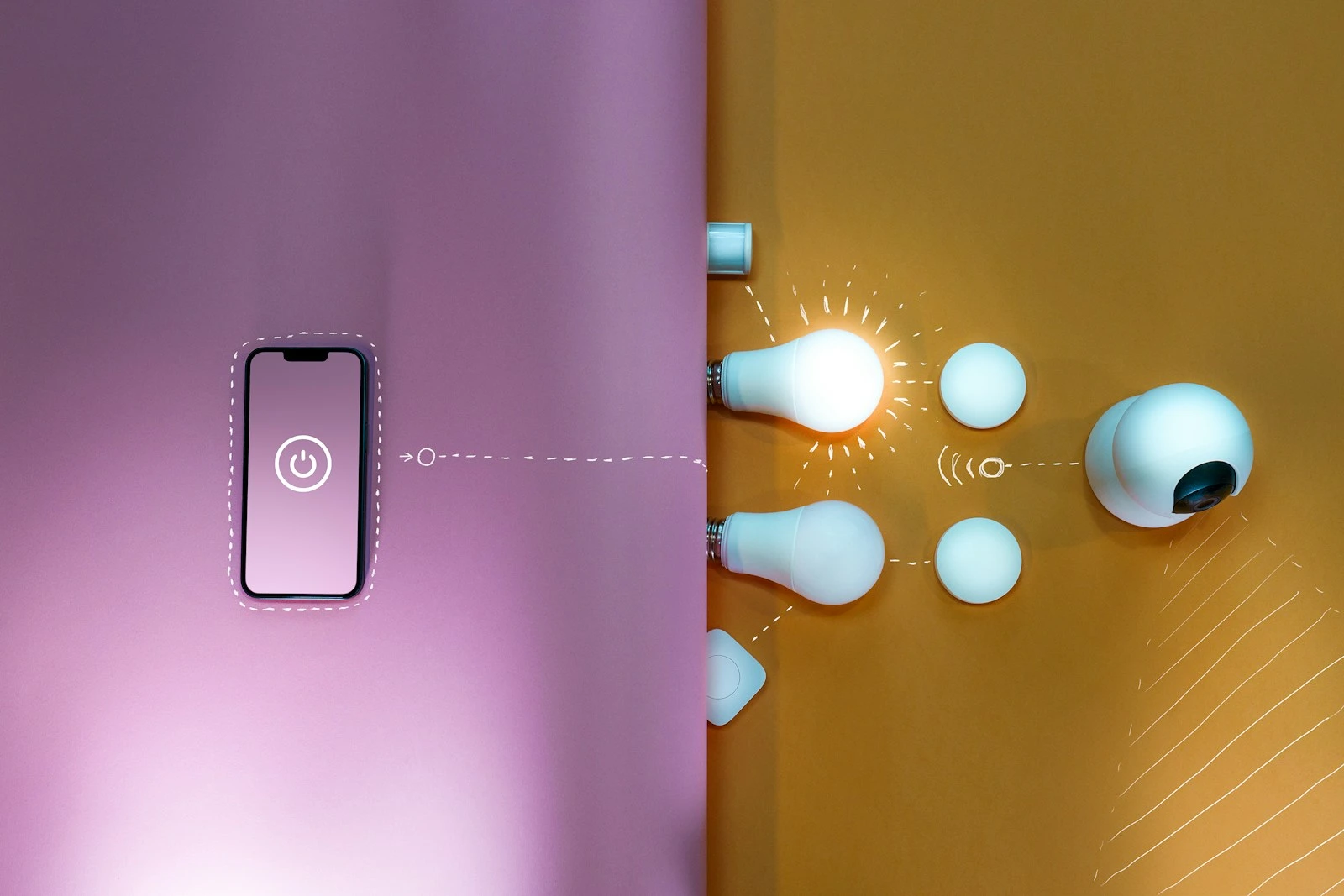 A top-down view of a smart home concept featuring a smartphone on a pink surface connected by dashed lines to smart bulbs, sensors, and a security camera on an orange surface