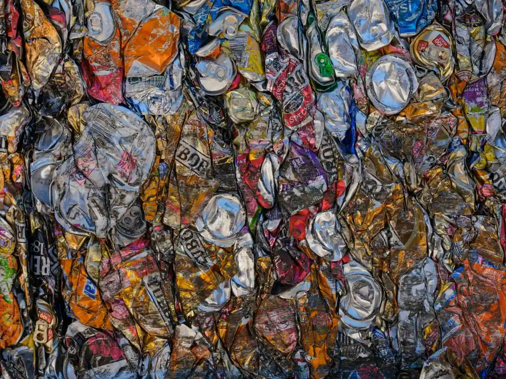 A dense, top-down view of a large pile of crushed and flattened aluminum soda and beer cans in various colors, ready for recycling