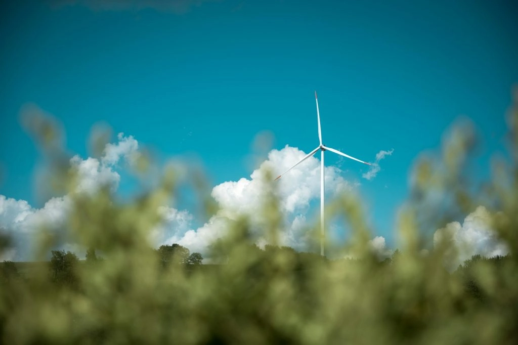 A single white wind turbine reaching into a bright blue sky with fluffy white clouds, seen from a low angle behind blurred green foliage