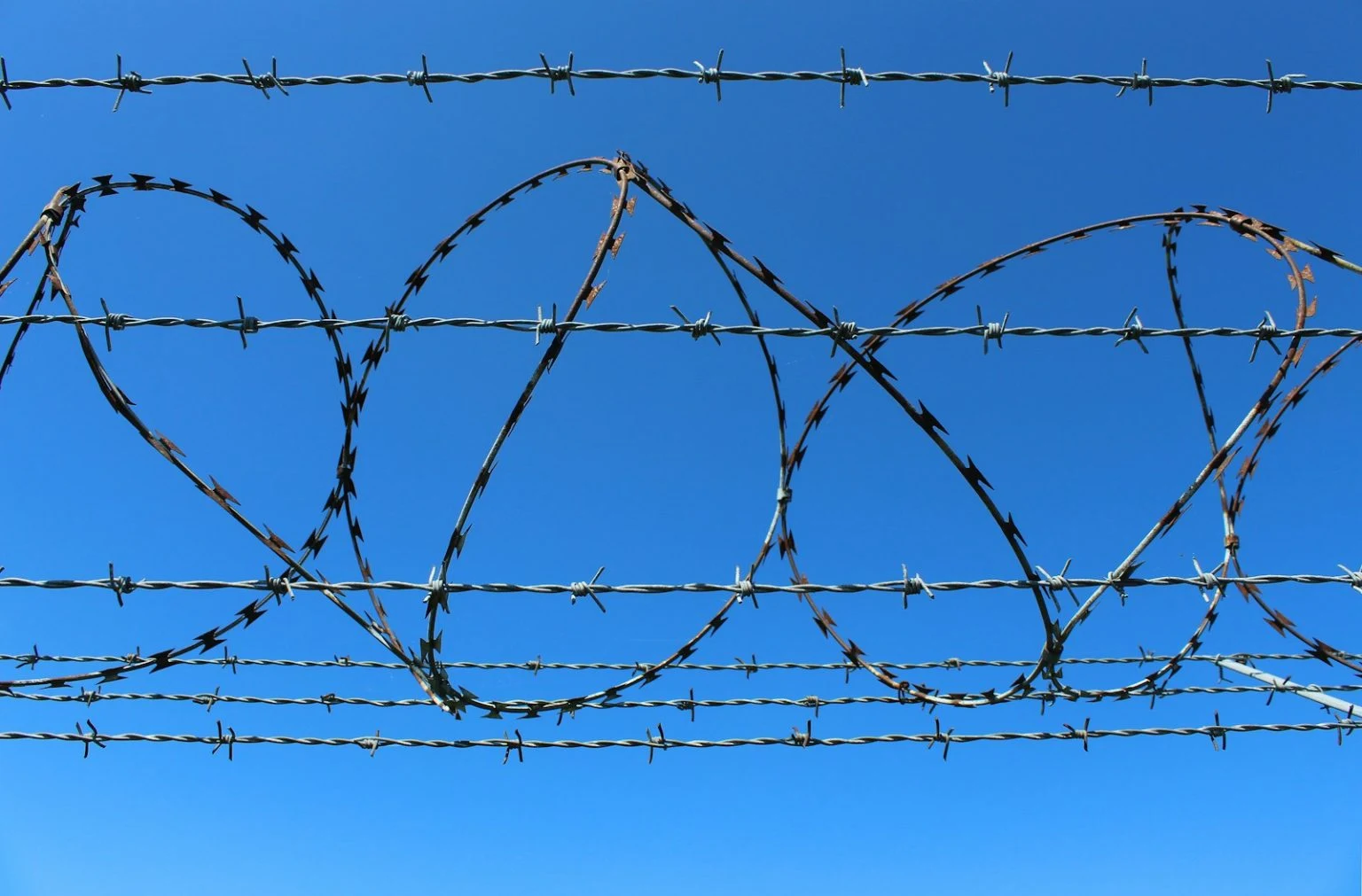 A close-up shot against a clear blue sky showing several horizontal strands of barbed wire, with a coiled strand of razor wire intertwined between the middle sections