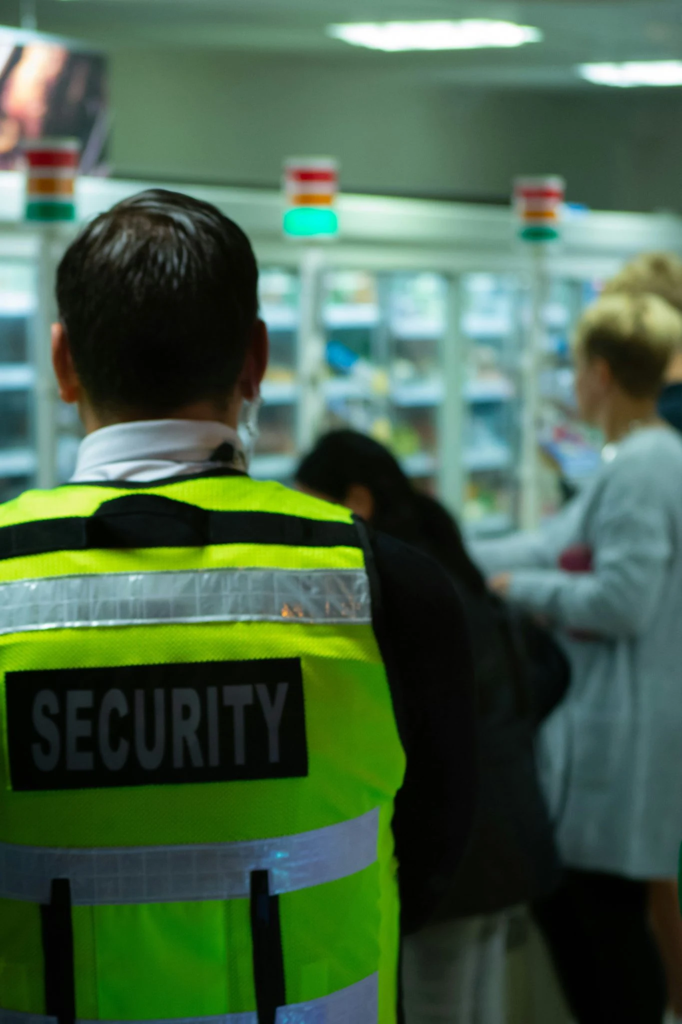 From behind, a security guard wearing a bright lime-green high-visibility vest with "SECURITY" printed in large black letters stands in a store, while customers shop in the blurred background