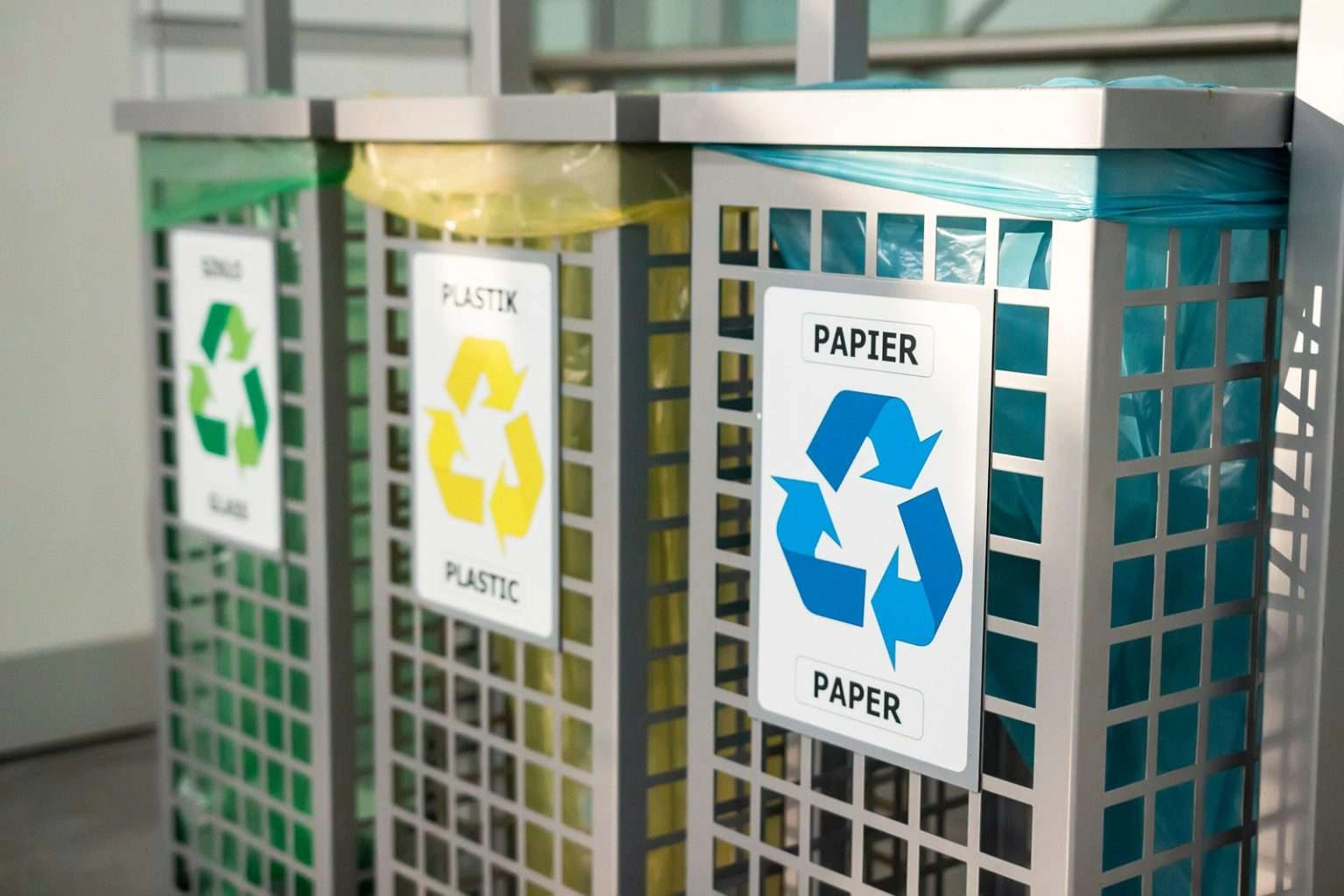 Three recycling bins with labels and symbols in Polish for glass, plastic, and paper, each containing a color-coordinated plastic liner