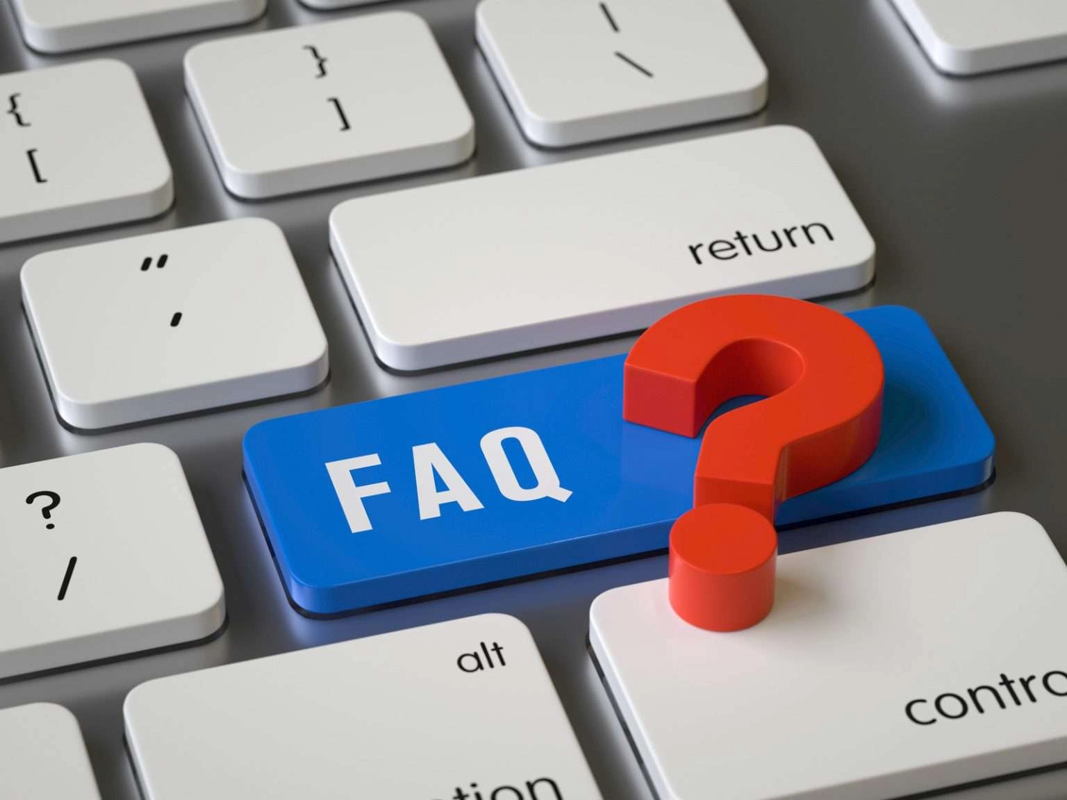A close-up 3D render of a computer keyboard where a long blue key labeled "FAQ" in white capital letters has a large red question mark sitting on top of it