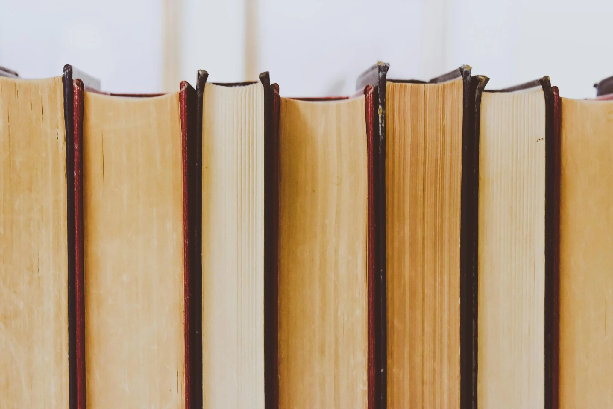 A close-up shot of the top edges and spines of several thick, old books with yellowed pages, standing upright in a row.