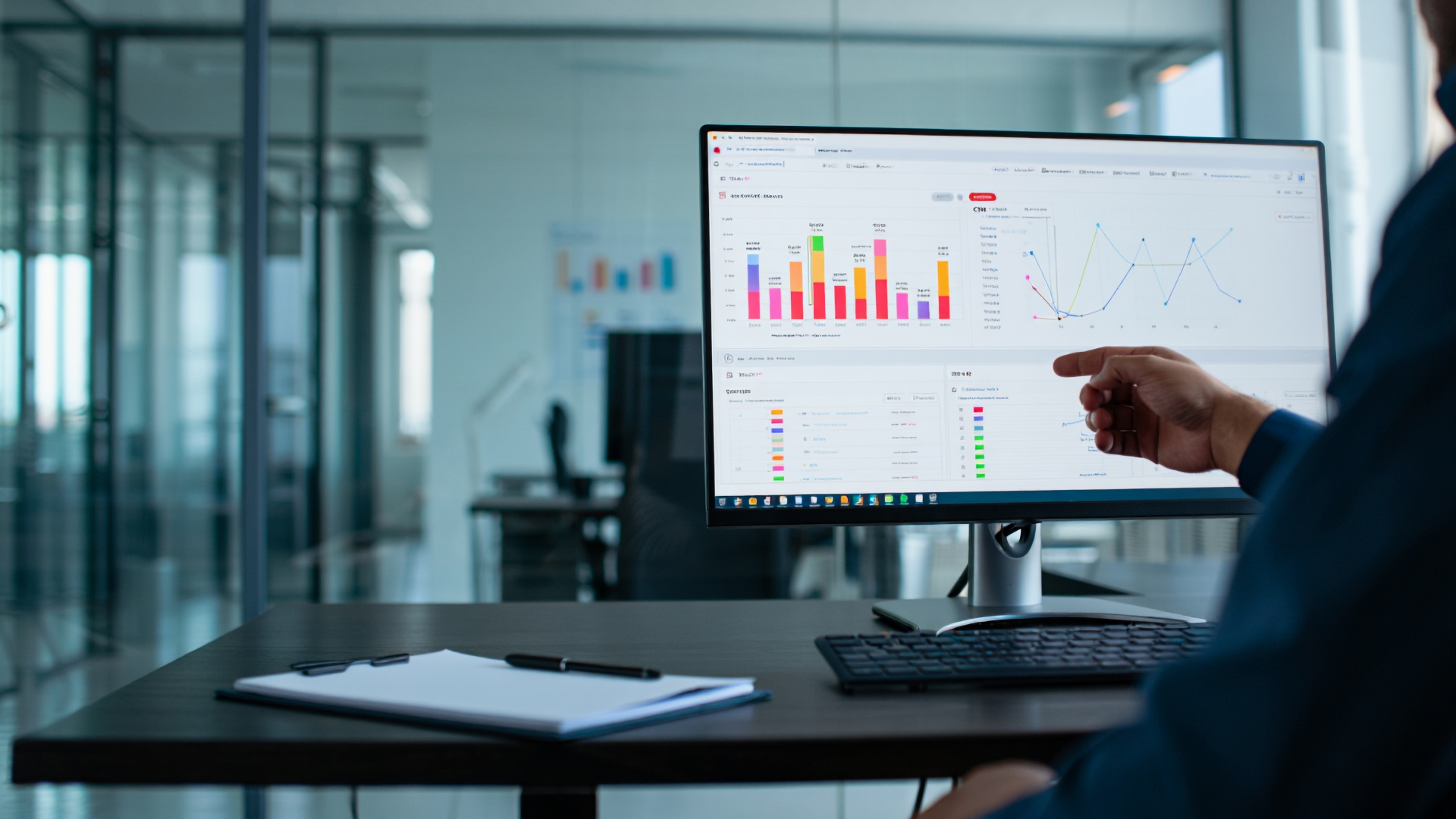 A person points at a large monitor showing analytics graphs.