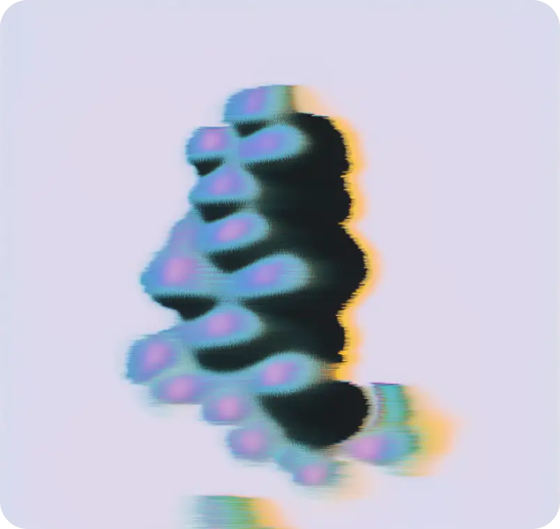 Abstract digital art of a distorted dark silhouette with blue and purple oval shapes on a light background.