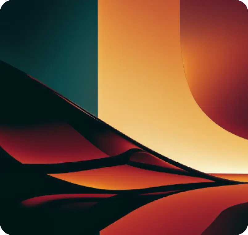 Abstract digital art with flowing red and black shapes against a gradient orange and dark teal background.