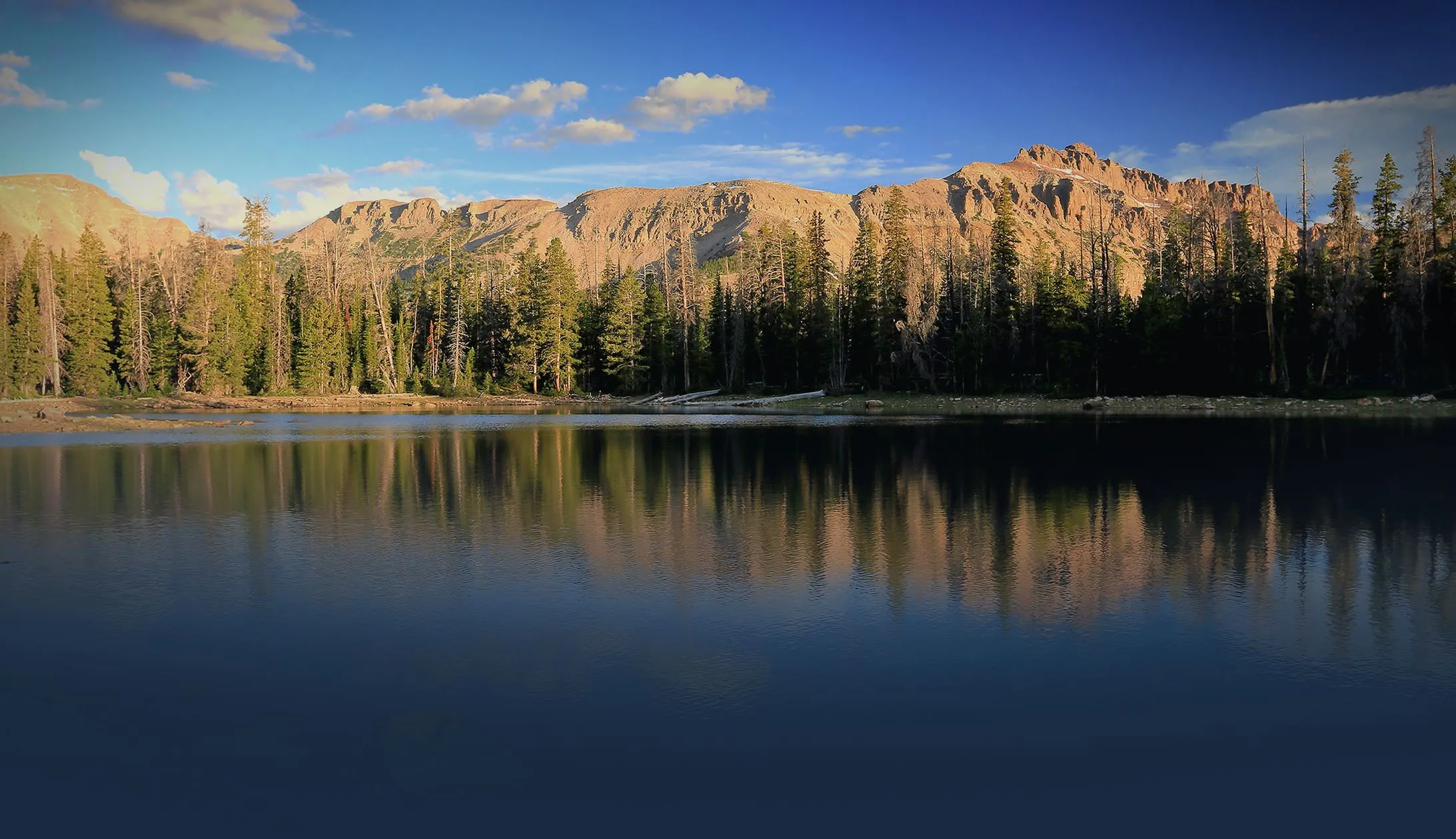 Mountain range with pine trees reflected in a calm lake under a blue sky with scattered clouds.