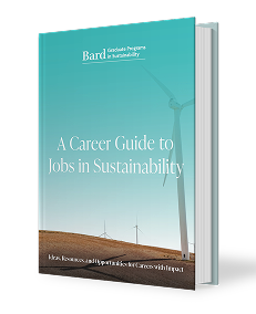 Book cover titled 'A Career Guide to Jobs in Sustainability' with wind turbines in a field under a clear sky.