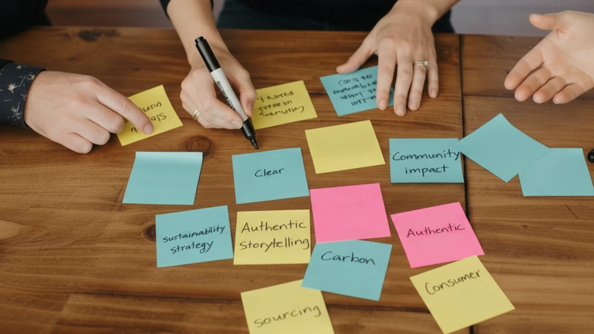 Three people collaborating at a wooden table with colorful sticky notes labeled with words like 'Clear,' 'Authentic Storytelling,' 'Community impact,' 'Carbon,' and 'Sustainability strategy.'