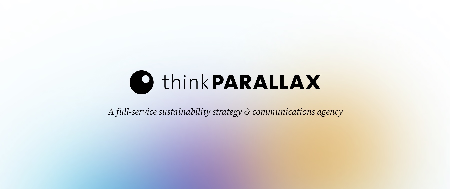ThinkParallax logo with text describing it as a full-service sustainability strategy and communications agency on a soft gradient background.