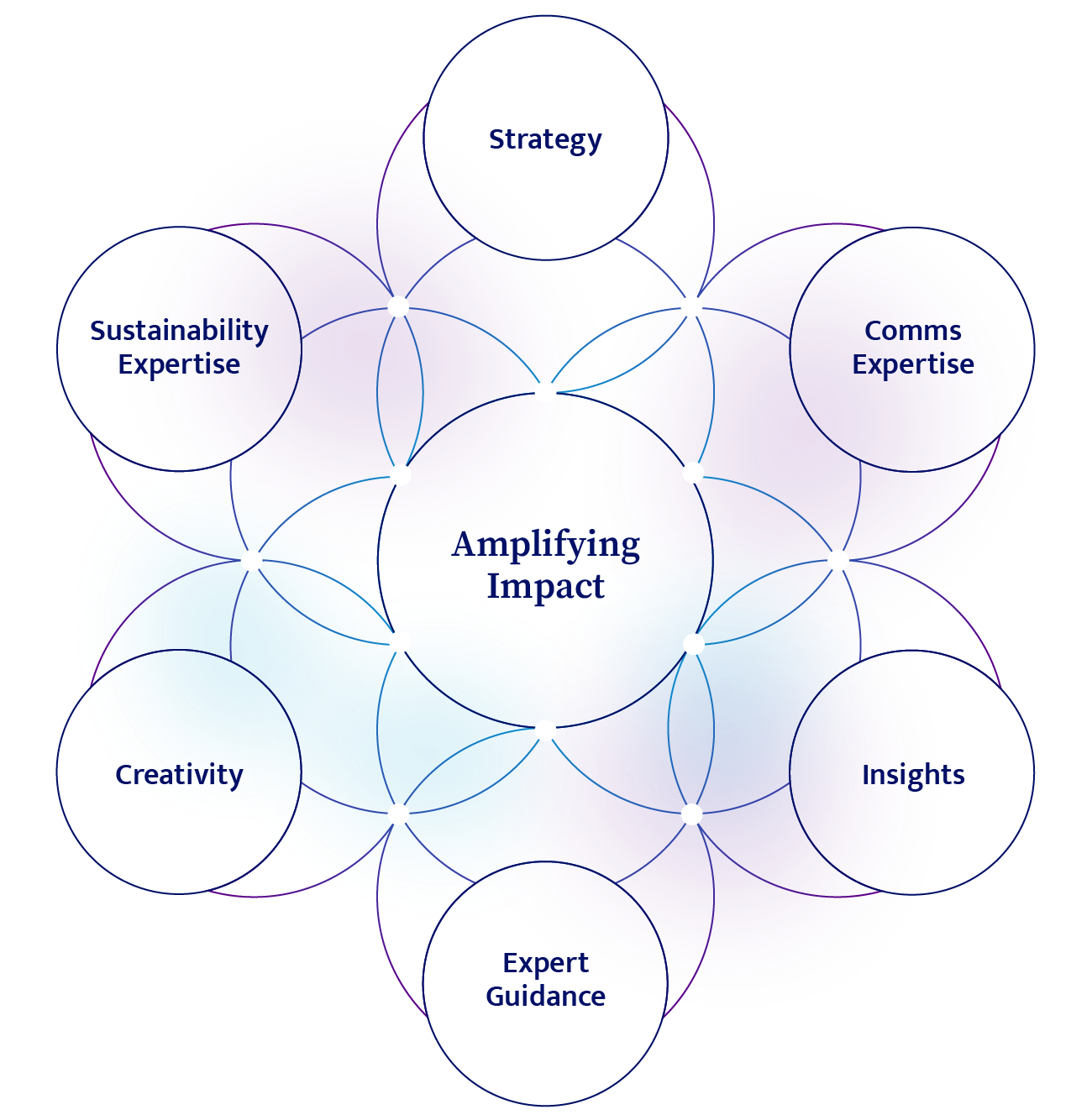 Network diagram with interconnected circles labeled Strategy, Sustainability Expertise, Comms Expertise, Creativity, Expertise Guidance, and Insights surrounding the central term Amplifying Impact.