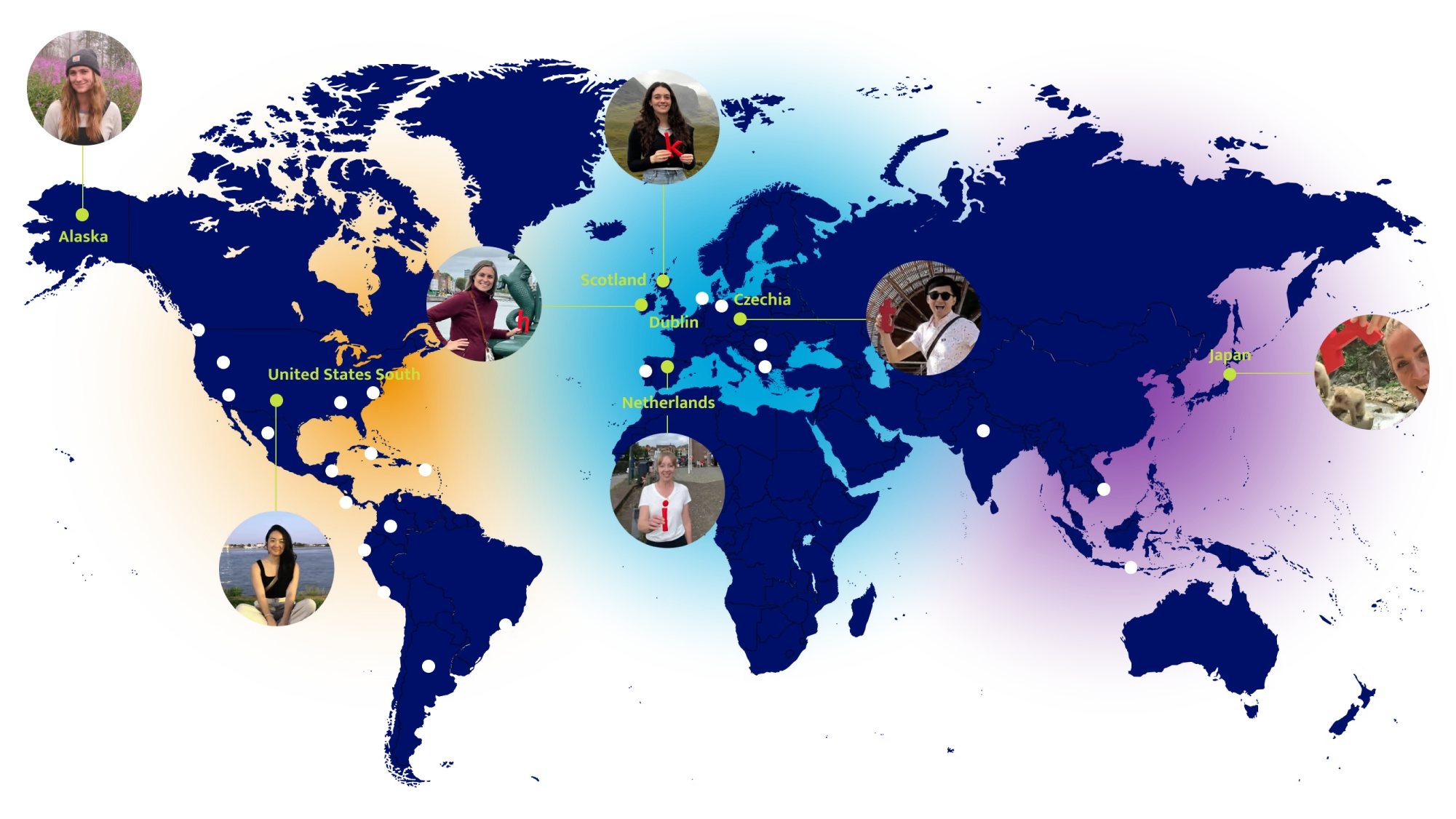 World map highlighting locations: Alaska, United States South, Scotland, Dublin, Netherlands, Czechia, and Japan, each marked with a circular photo of a person.