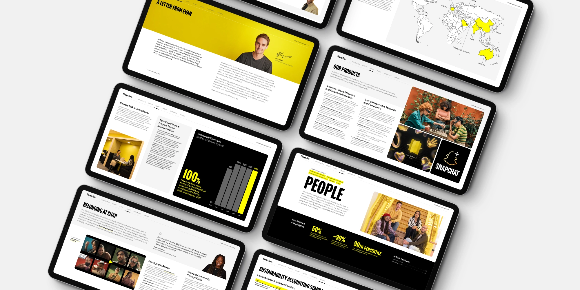 Six tablet screens display pages from a corporate report featuring sections on sustainability, people, products, belonging, and global presence with graphs, photos, maps, and text.