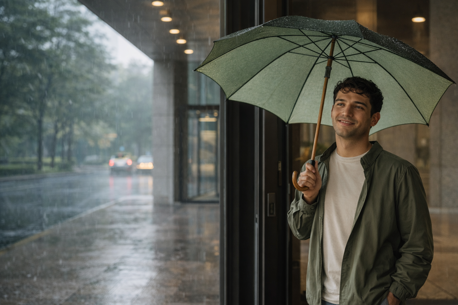 Hombre con paraguas resguardandose en un edificio mientras llueve