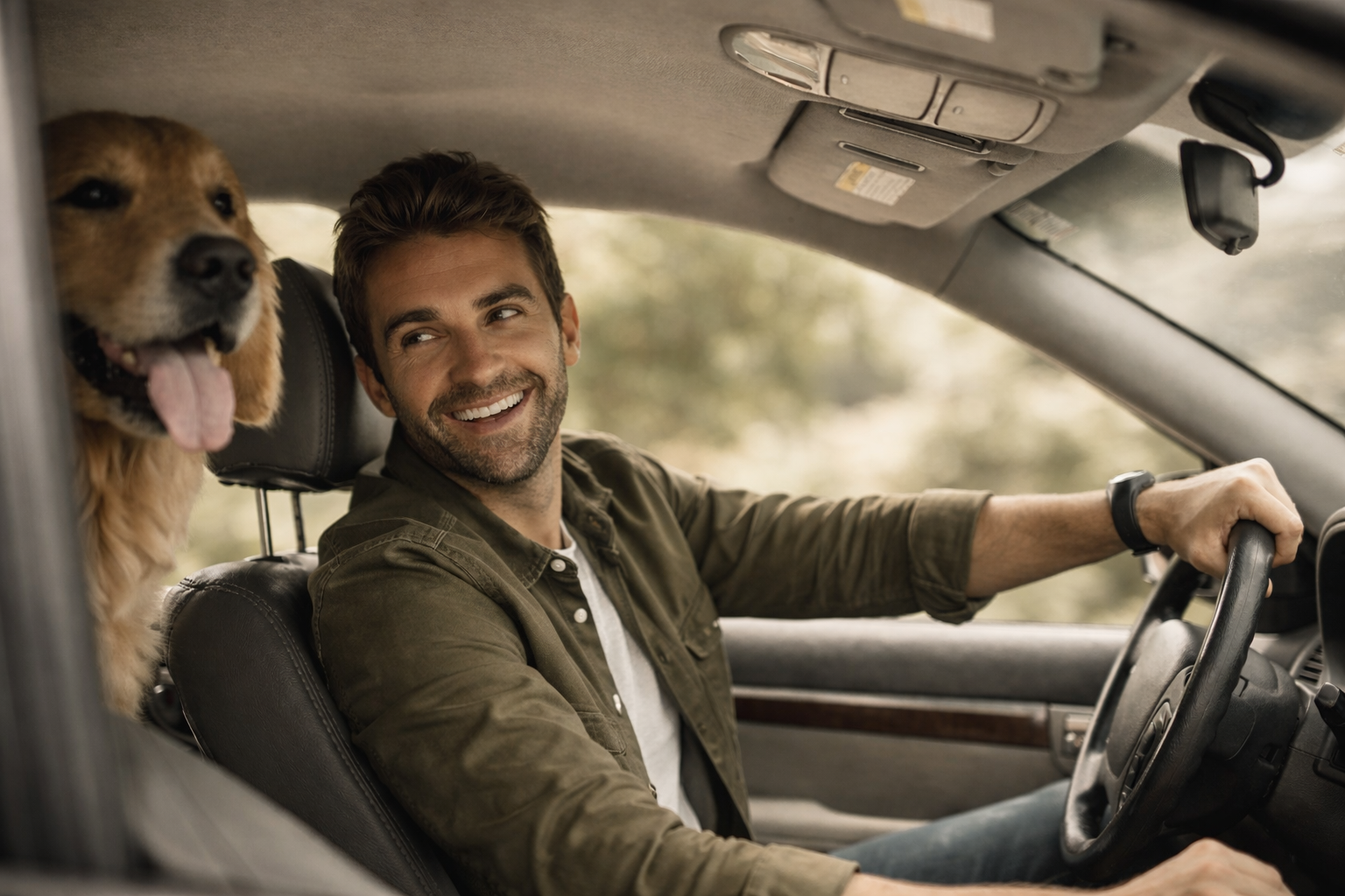 Hombre conduciendo su auto acompañado de su perro, representando tranquilidad y proteccion al viajar