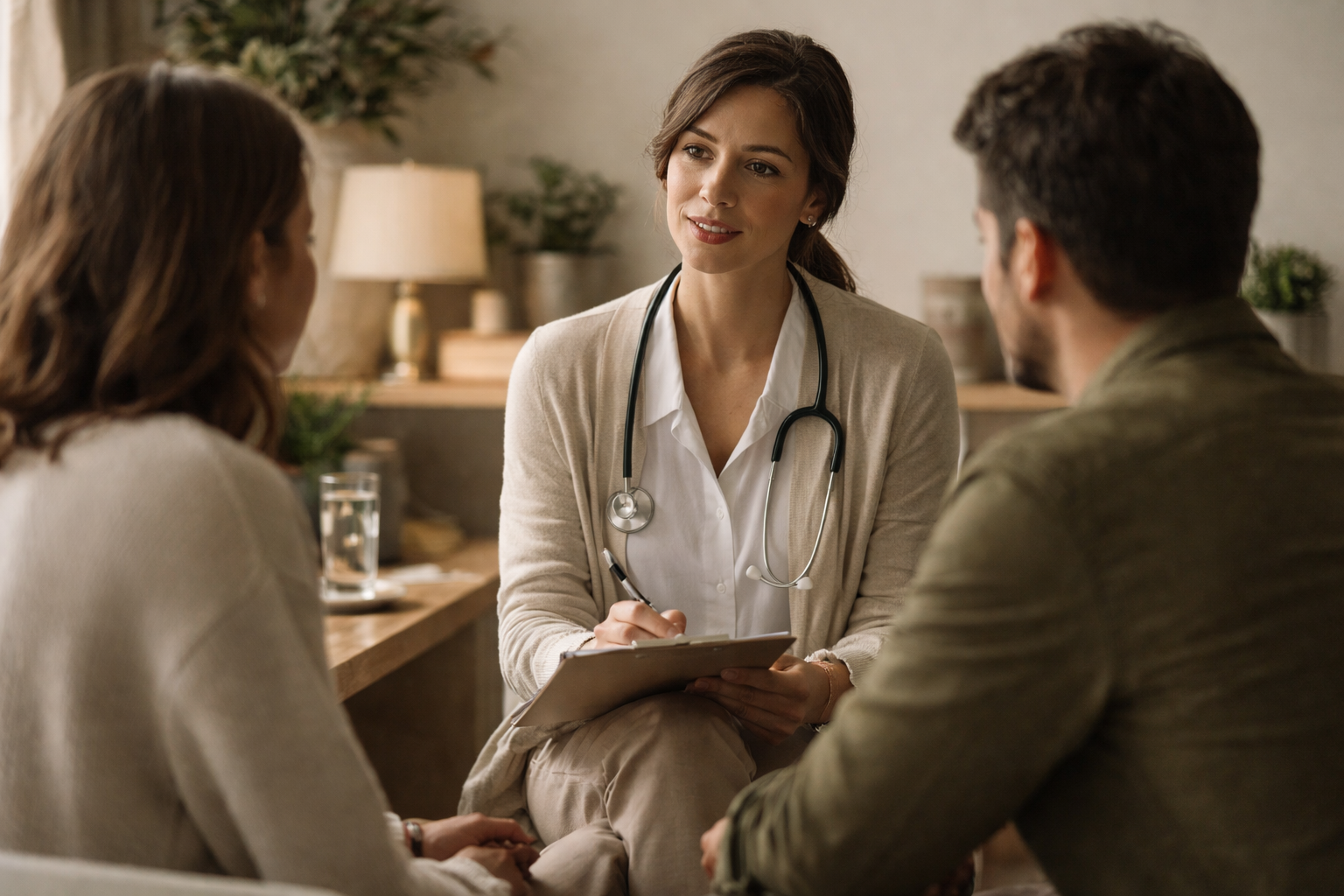 Profesional de salud conversando con una pareja durante una consulta medica en un ambiente tranquilo y cercano