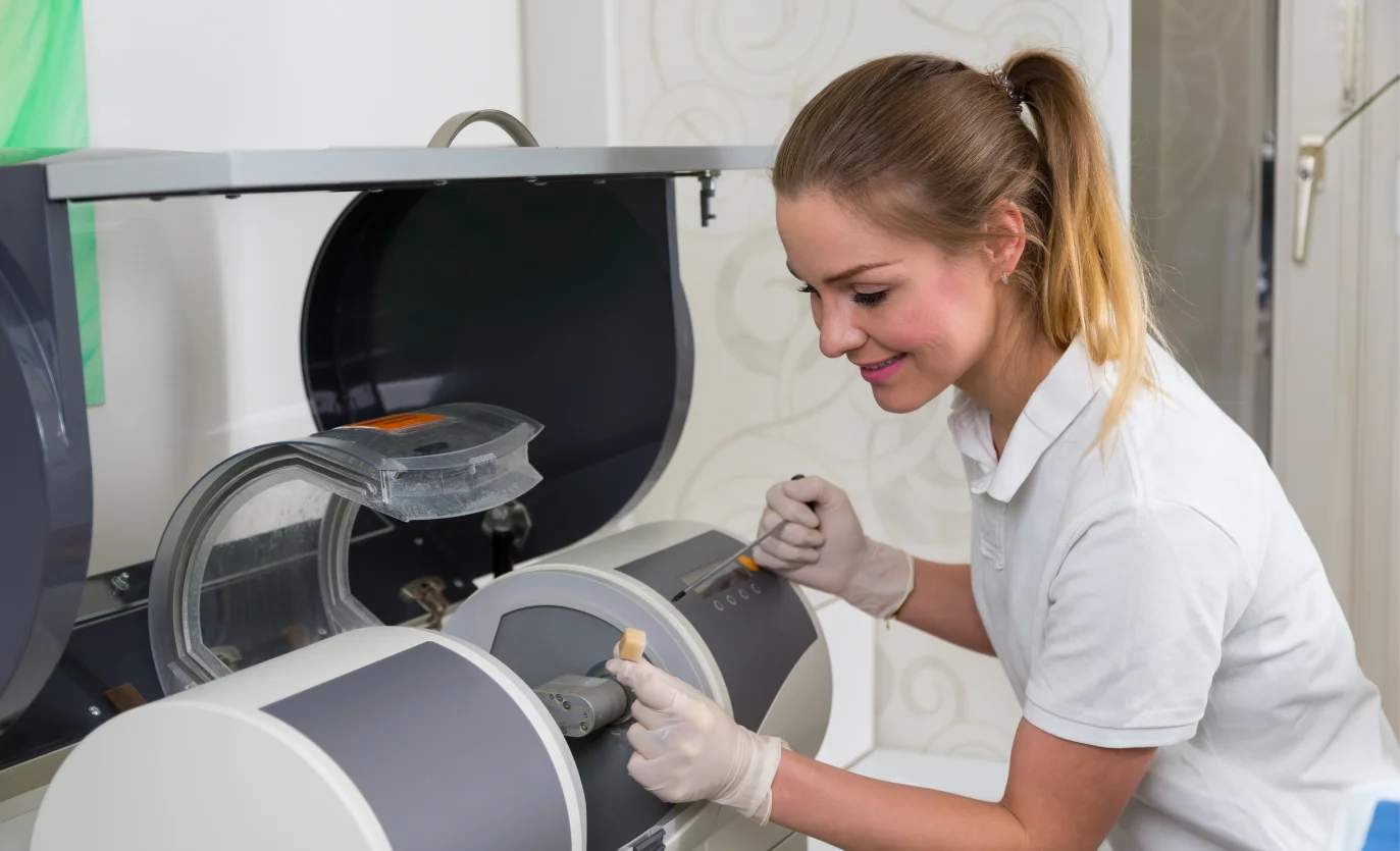 A woman in white shirt and gloves working on a machine.