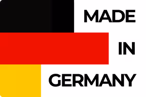 Text 'Made in Germany' with horizontal black, red, and yellow bars representing the German flag colors.