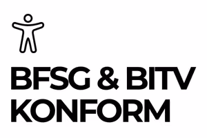 Accessibility icon above bold text reading 'BFSG & BITV KONFORM'.