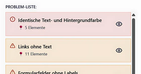 Screenshot of a problem list in German showing issues with identical text and background color for 5 elements and links without text for 11 elements.