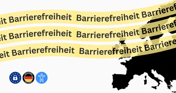 Black silhouette map of Europe with repeated yellow curved banners reading 'Barrierefreiheit' and three icons below representing gdpr compliance, Made in Germany and accessibility.
