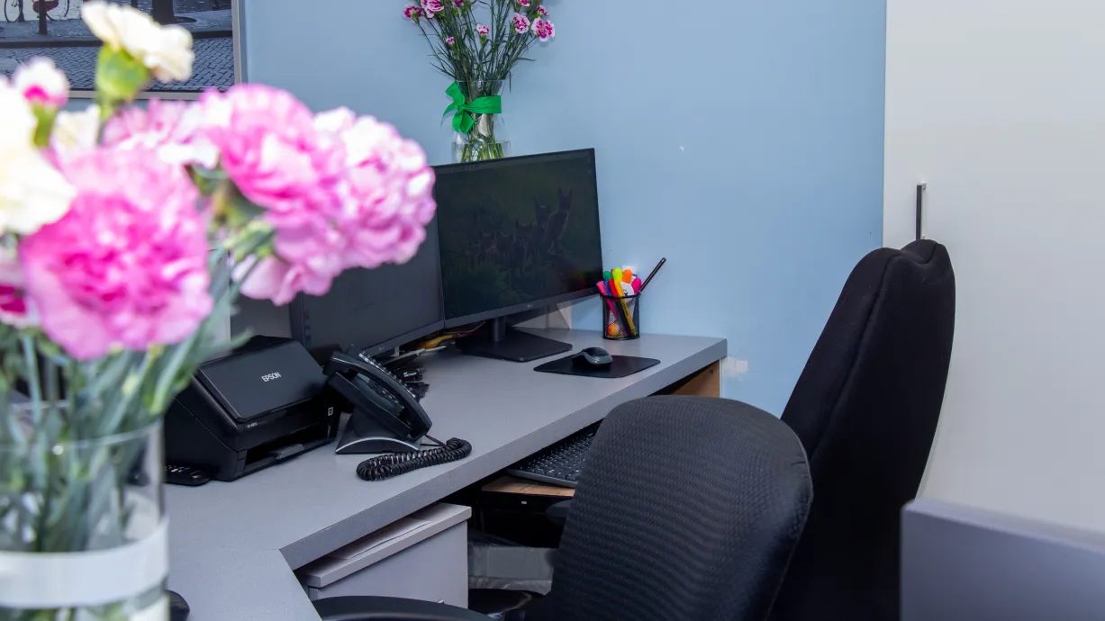 Office desk with a computer monitor, telephone, and colorful pens in a holder.