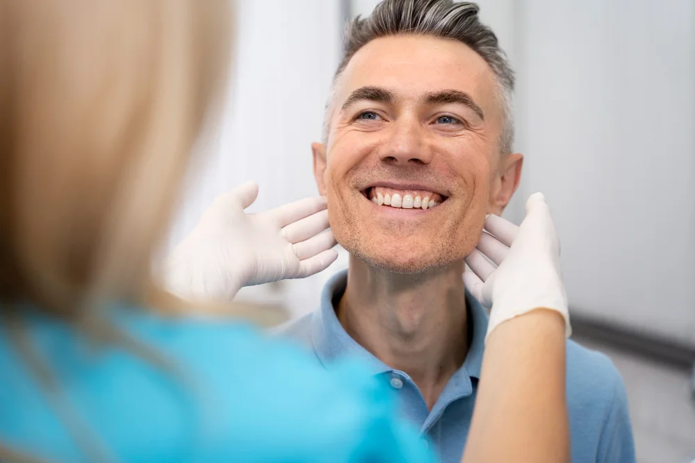 A man getting his teeth checked by a dentist.