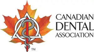 Canadian Dental Association logo featuring a tooth with a snake on a staff, over a maple leaf.