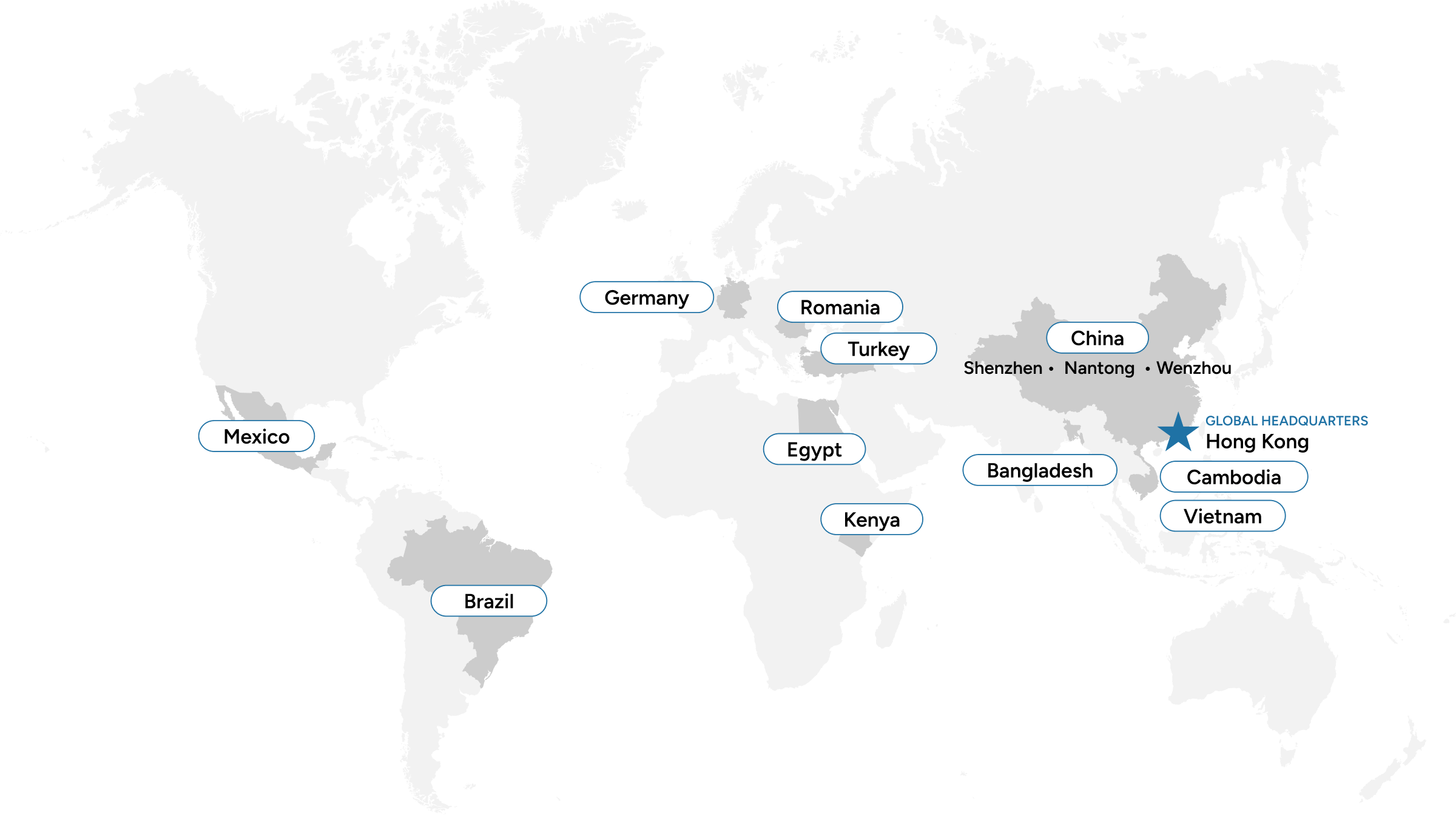 World map with labeled countries including Mexico, Brazil, Germany, Romania, Turkey, Egypt, Kenya, Bangladesh, China, Cambodia, and Vietnam, with a blue star marking the Global Headquarters in Asia.