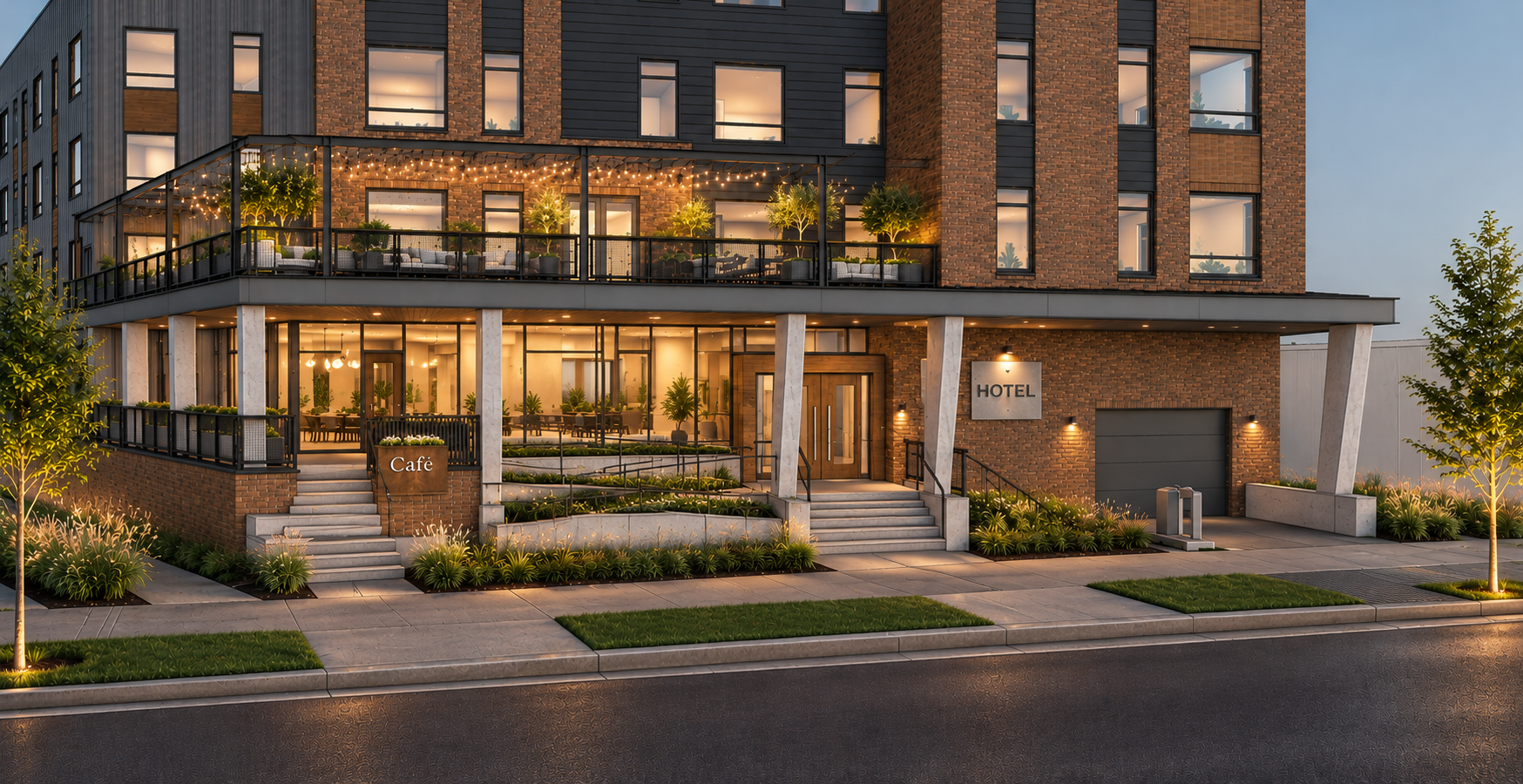 633 W Main hotel café exterior rendering in evening light