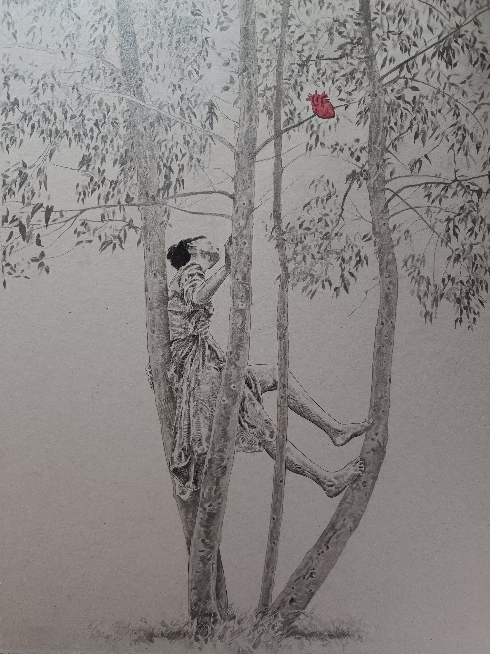 A human figure merging with a tree beneath fine branches and leaves, with a small red accent.