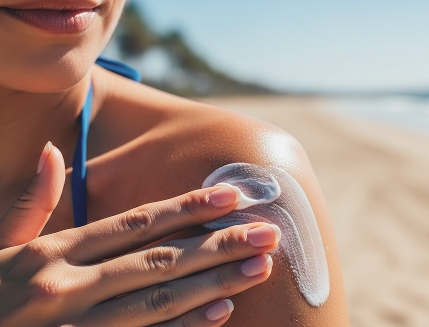 Close-up of woman applying sunscreen to shoulder at beach