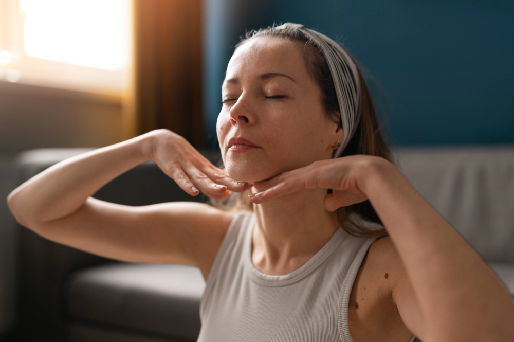 Medium shot woman practicing facial yoga
