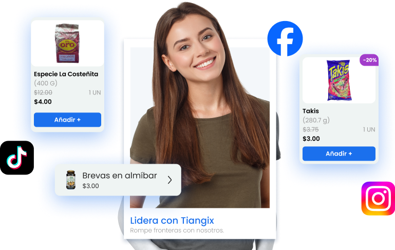 Smiling young woman with long brown hair is framed by product cards for 'Especie La Costeñita' and 'Takis' snacks with prices, and social media icons for TikTok, Facebook, and Instagram.