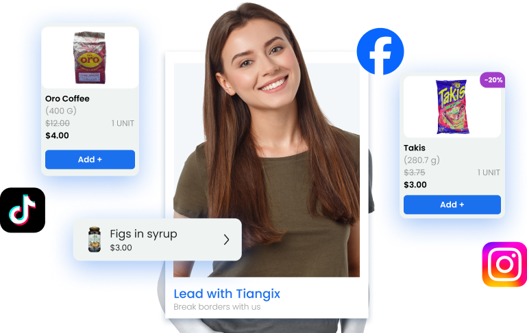 Smiling young woman with long brown hair is framed by product cards for 'Especie La Costeñita' and 'Takis' snacks with prices, and social media icons for TikTok, Facebook, and Instagram.