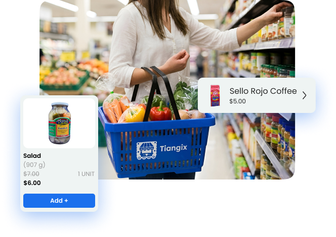 Person holding a blue shopping basket filled with fresh vegetables and reaching for items on a grocery store shelf with digital product price tags overlaid.