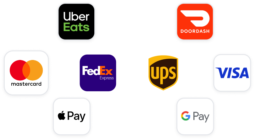 Logotipos de métodos de pago y entrega: Uber Eats, DoorDash, Mastercard, FedEx, UPS, Visa, Apple Pay y Google Pay.