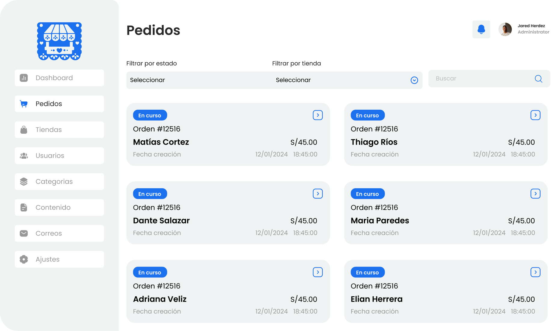 Interfaz de panel de administración mostrando una sección de pedidos con seis órdenes en progreso listando nombres de clientes, fechas y montos.