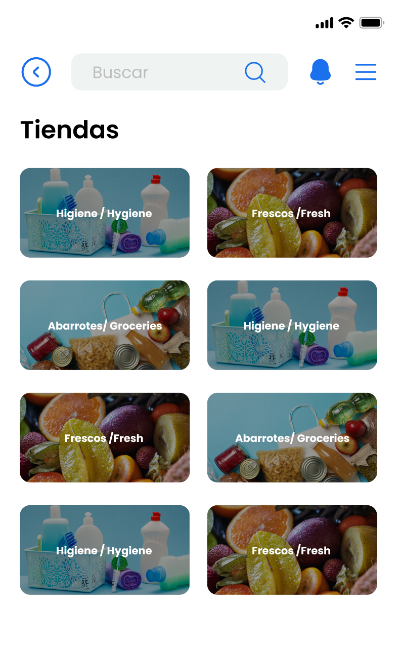 Mobile app screen showing store categories with images and labels for Hygiene, Fresh, and Groceries repeated in a grid layout.