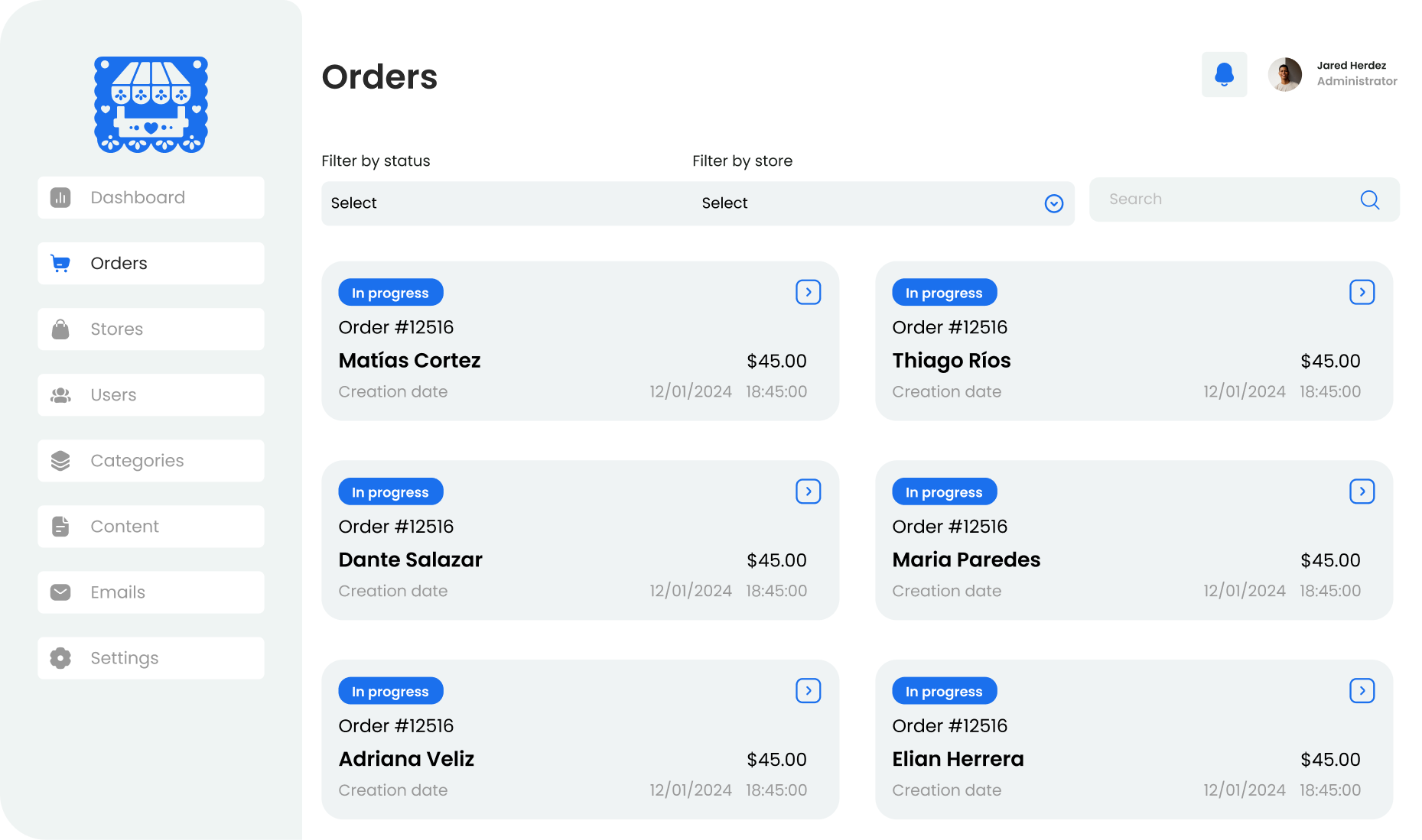 Interfaz de panel de control que muestra una lista de órdenes en progreso con nombres de clientes, número de orden #12516, precio $45.00 y fecha de creación 12/01/2024, 18:45:00.