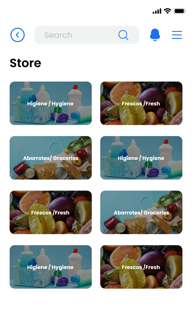 Mobile app screen showing store categories with images and labels for Hygiene, Fresh, and Groceries repeated in a grid layout.