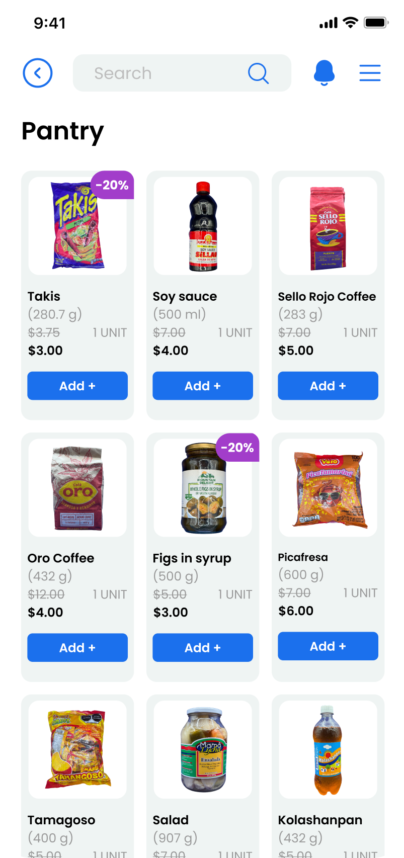 Mobile app grocery screen showing pantry items like Takis chips, soy sauce, red coffee, coffee Oro, preserved brevas, picafresa, among others, each with price and add button.