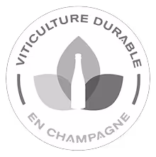 Circular emblem with three overlapping leaves behind a wine bottle silhouette and text 'Viticulture Durable en Champagne'.