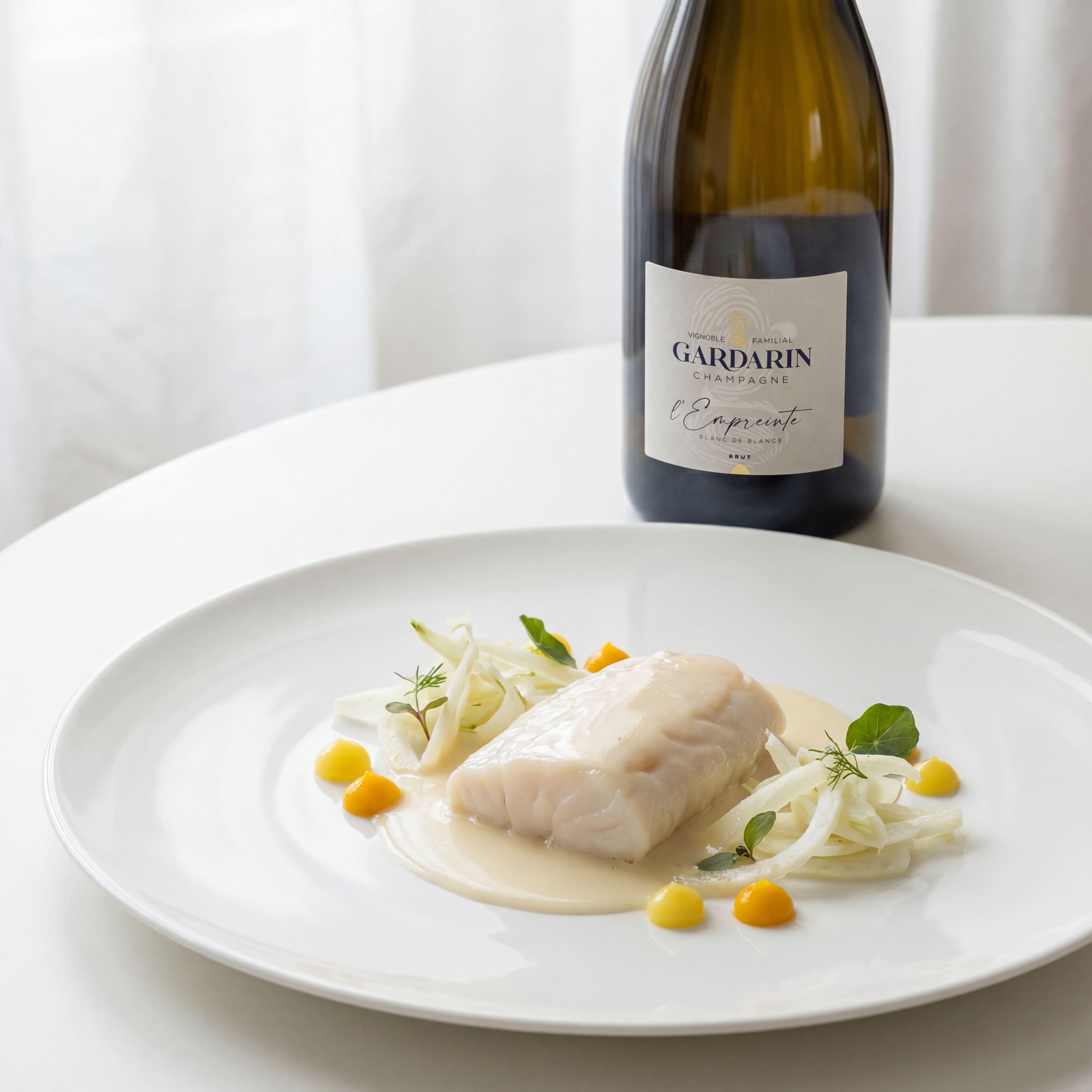Plated gourmet fish fillet with creamy sauce, garnished with thinly sliced vegetables and small dollops of yellow and orange puree, beside a bottle of Gardarin champagne.